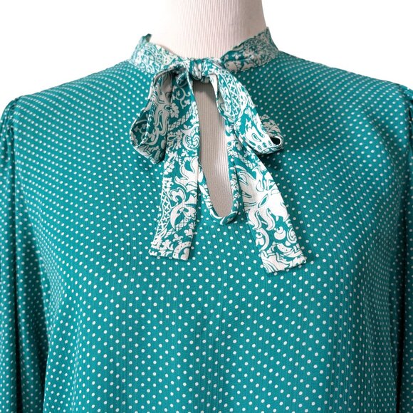 Vintage Diane Freis Women Sz M? Georgette Green Polka Dot Tie Balloon Sleeve Top - Picture 4 of 8